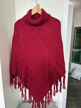 Red Turtleneck Cable Knit Poncho with Fringe